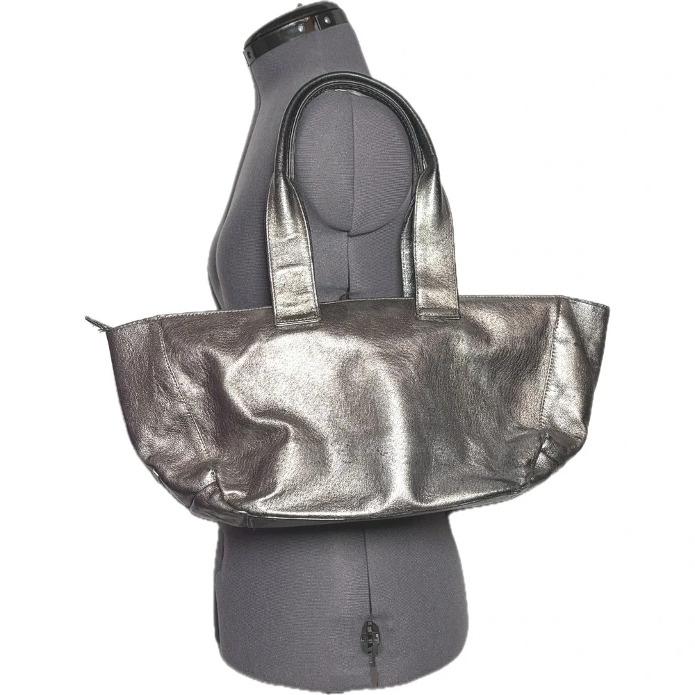 Vtg Y2K Shih Metallic Silver Leather Bag Cyberpunk Goth Punk Rock Grunge STAINED